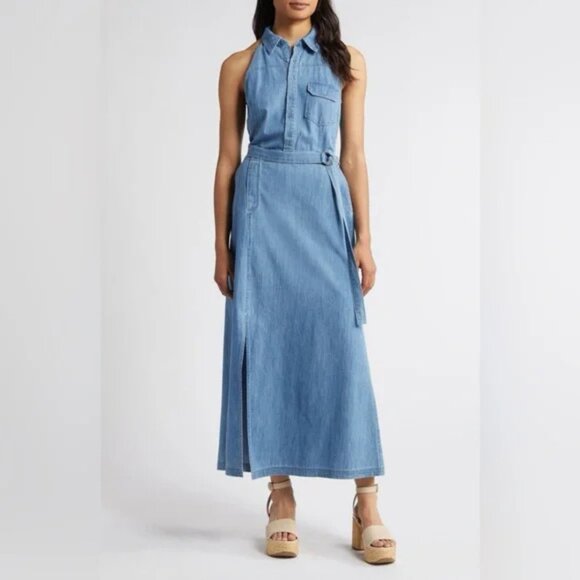 Du Paradis Paros Belted Sleeveless Maxi Shirtdress Vintage Denim NWT Size Small - Picture 1 of 8